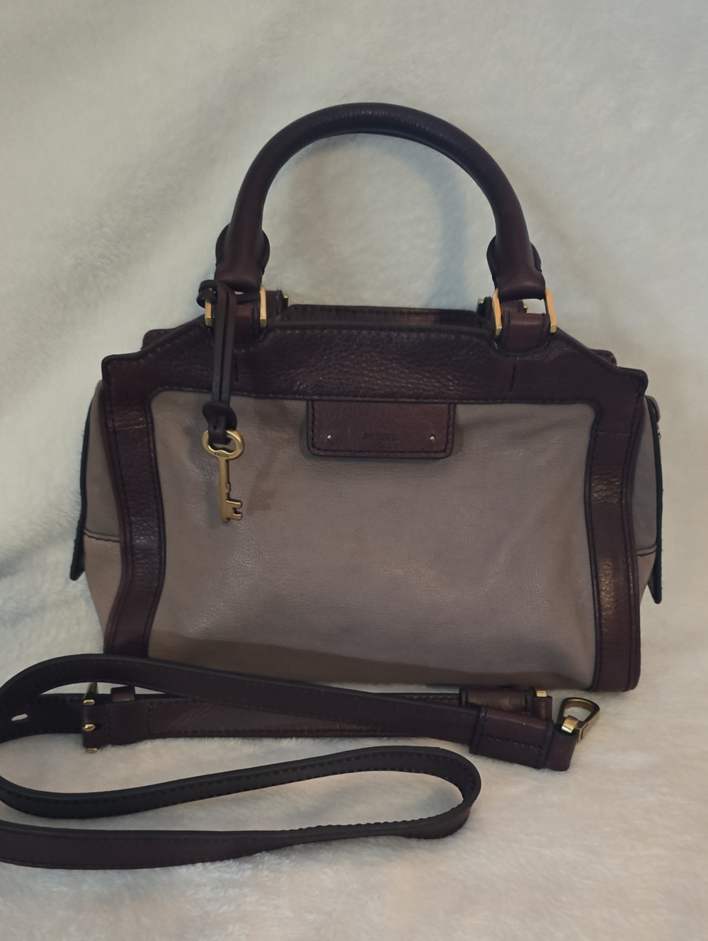 Fossil Two-Tone Taupe and Dark Brown Leather Satchel